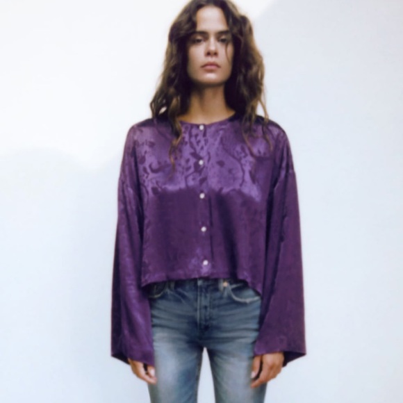 NWT Zara Purple Jacquard Cropped Blouse - Picture 4 of 10